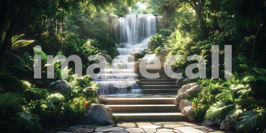 Serene Waterfall Steps Lush Garden Paradise Background