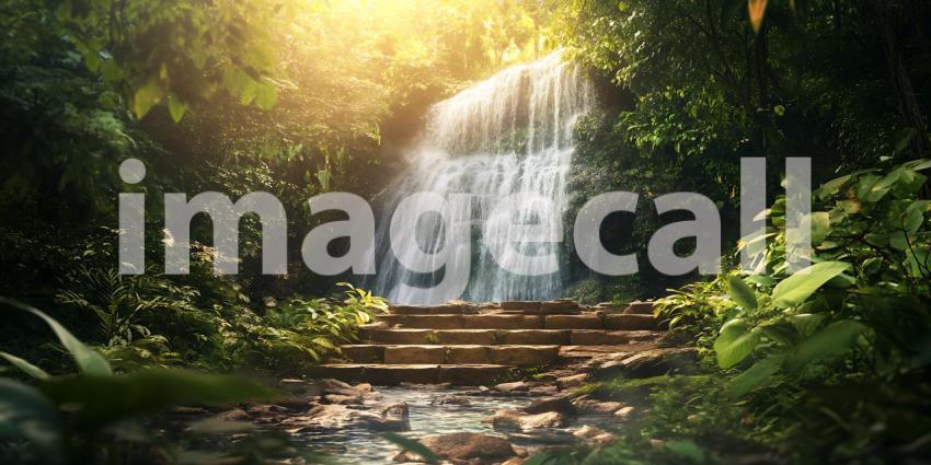 Serene Waterfall Lush Nature Photography  Tranquil Scene