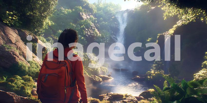 Woman Traveler Views Scenic Waterfall Lush Rainforest Hiking Adv