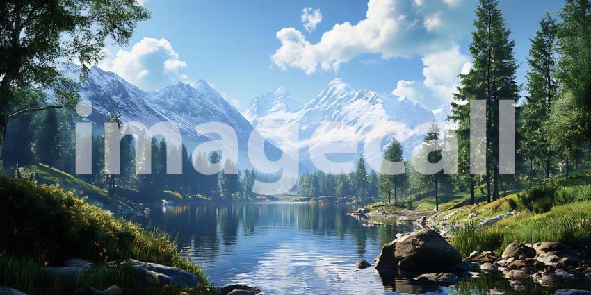 Stunning Mountain River Landscape Scenic Vista with SnowCapped P