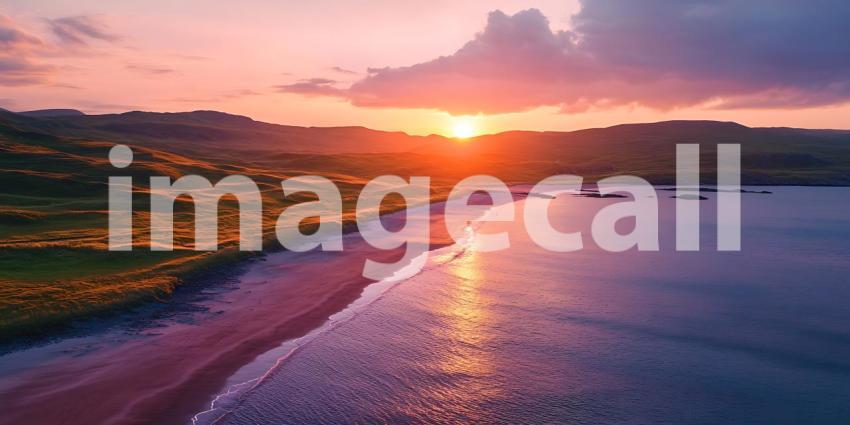Coastal Sunset Aerial View of Beach and Buildings at Golden Hour
