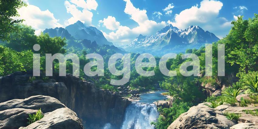 Stunning Mountain Waterfall Landscape Lush Greenery  Breathtakin