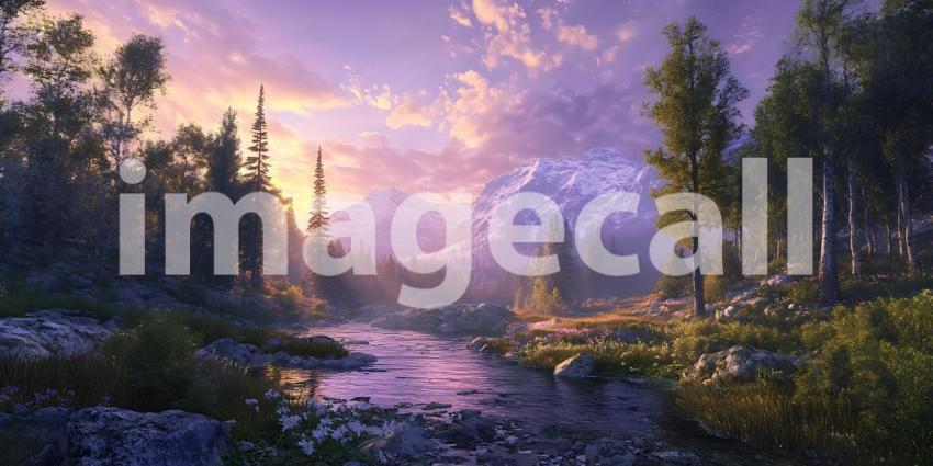 Magical Sunset Landscape Serene River Enchanting Forest