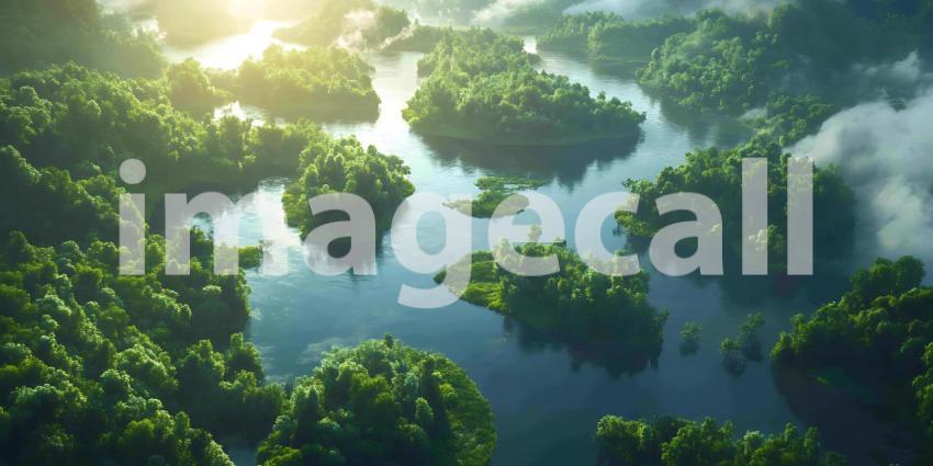 Aerial View Lush Rainforest Canopy Islands of Green Tropical Eco