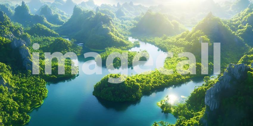Stunning Aerial View Lush River Winding Through Tropical Rainfor