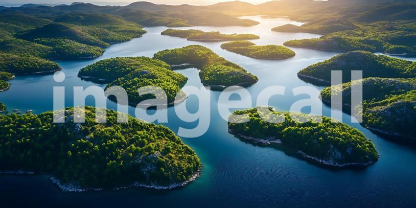 Aerial View Lush Green Islands Tropical Paradise Azure Waters