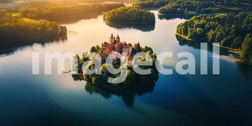 Lake Bled Island Castle Aerial View at Sunrise