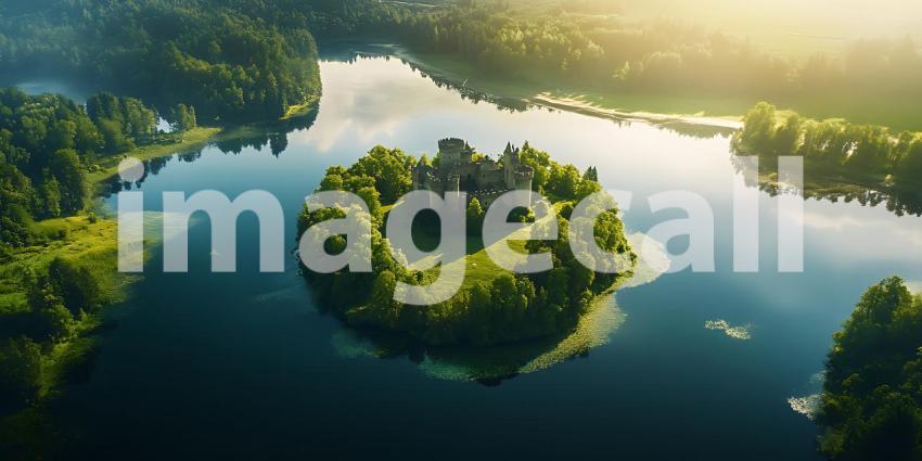 Aerial View Serene Island Castle Lush Green Foliage Calm Lake Na