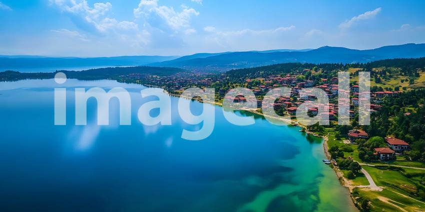 Stunning Aerial View Lakeside Town Blue Water Green Landscape