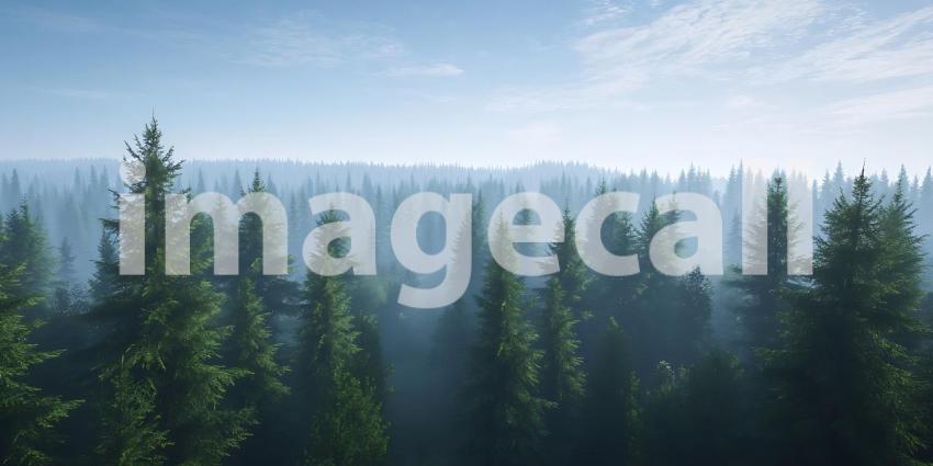 Misty Evergreen Forest Panoramic Nature Scene