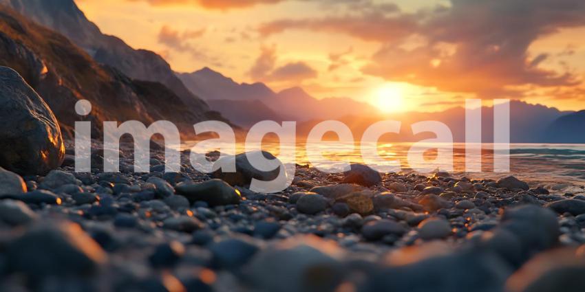 Stunning Sunset Over Rocky Beach A Scenic Coastal View