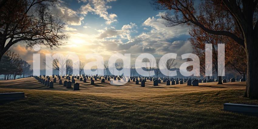 Sunset Cemetery Landscape Peaceful Autumn Scene