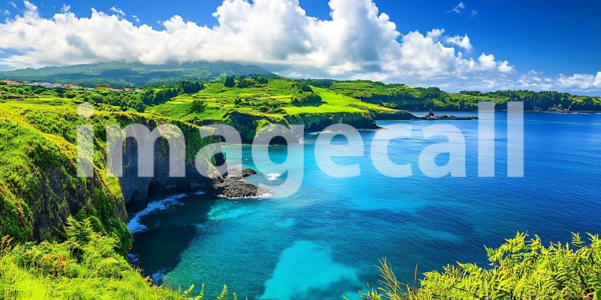 Stunning Tropical Cove Vibrant Ocean Lush Green Landscape