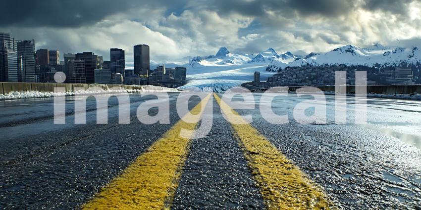 Wet Asphalt Road Leading to Cityscape Dramatic Urban Landscape P
