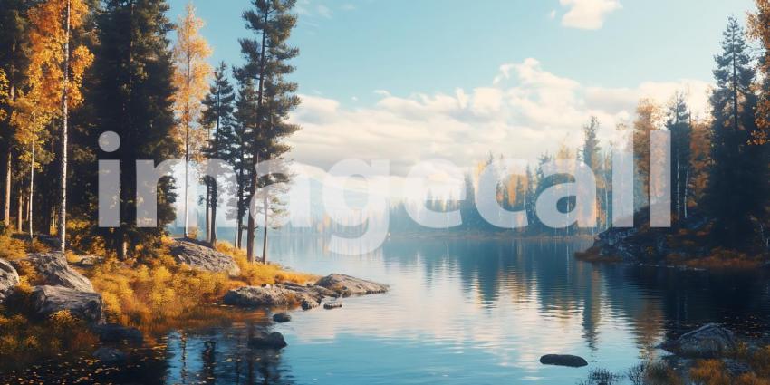 Autumnal River Scene Majestic Forest Reflection in Tranquil Wate