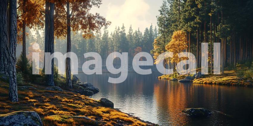 Autumnal Forest River Scene Peaceful Nature Photography for Back
