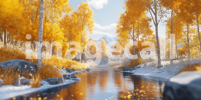 Golden Autumn River Breathtaking Winter Wonderland Scene