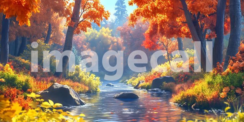 Autumn Stream Vibrant Fall Foliage Landscape Painting