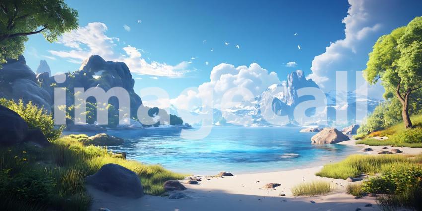 Stunning Tropical Paradise Beach Scene Lush Vegetation Clear Oce