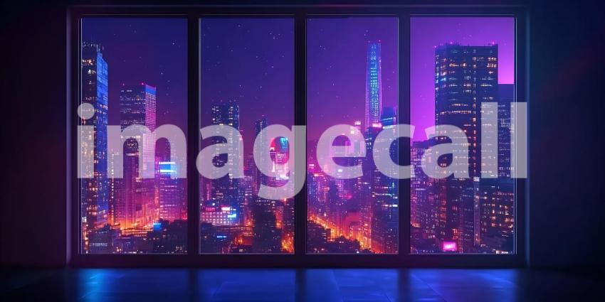 Neon City Nightscape Panoramic Window View