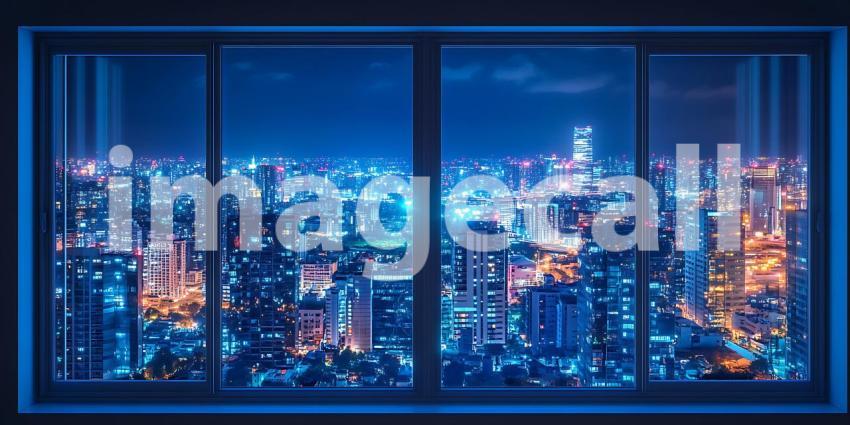 Night Cityscape Stunning Panoramic View from Window