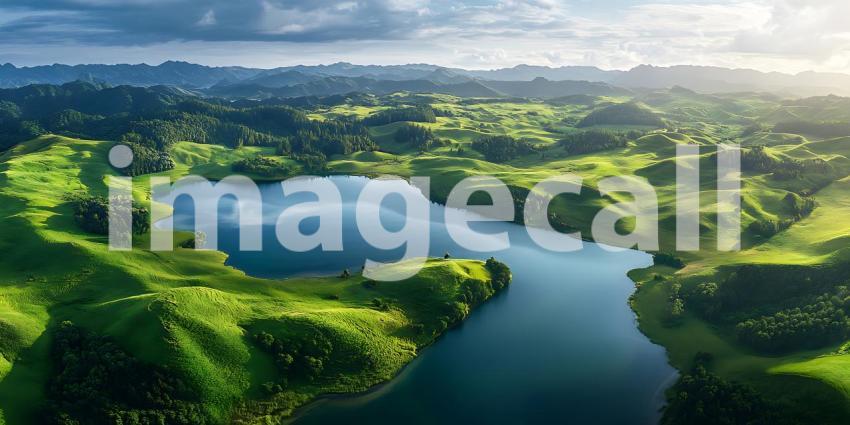 Stunning Aerial View Serene Lake and Lush Green Landscape