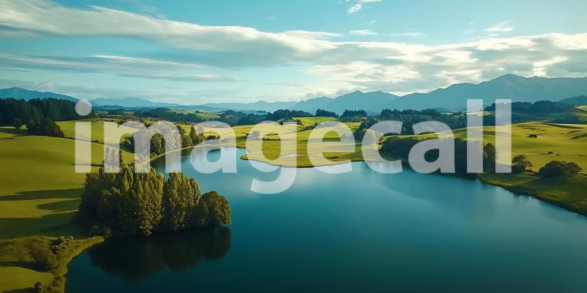 Stunning Aerial View Serene Lake and Lush Green Landscape