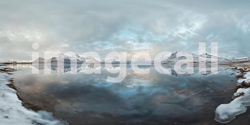 Panoramic Winter Landscape Calm Waters Snowy Banks and Distant B