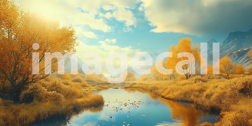 Autumn River Landscape Golden Trees and Serene Waters