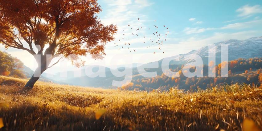 Autumn Landscape Serene Tree Golden Field Birds in Flight
