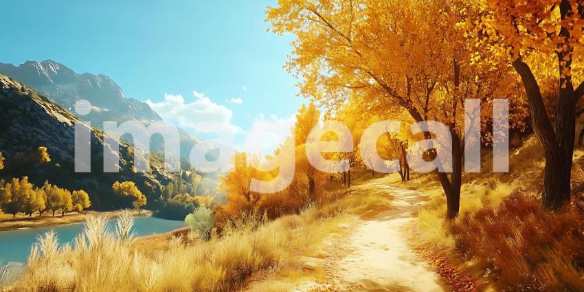 Autumnal River Valley Landscape Golden Trees Mountain Vista