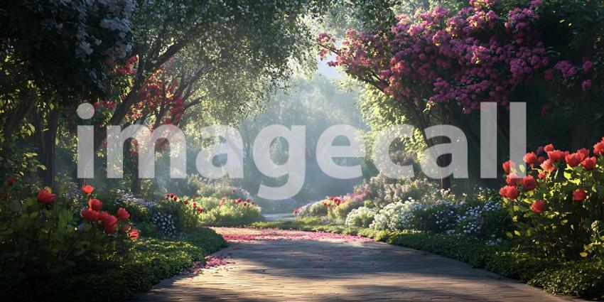 Sunlit Path Through Lush Garden Vibrant Flowers and Foliage