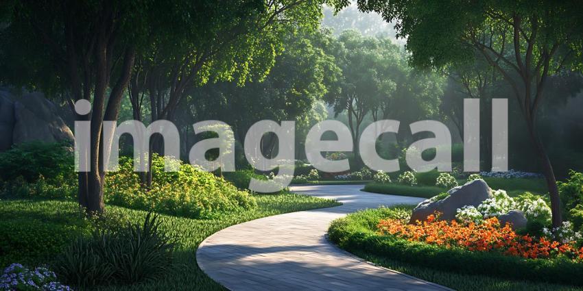 Serene Garden Path Lush Greenery Sunlight and Tranquil Landscape