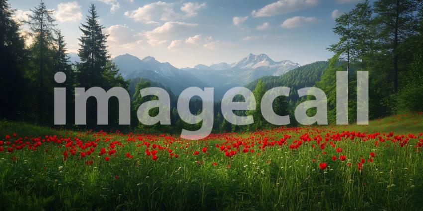 Majestic Mountain Meadow Vibrant Poppy Field Landscape