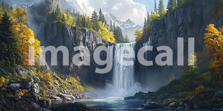 Majestic Waterfall in Autumnal Mountain Valley Breathtaking Natu
