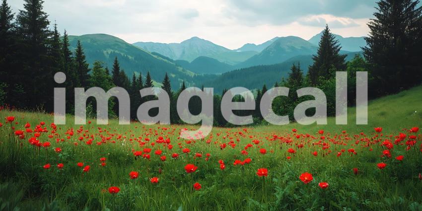 Serene Mountain Meadow Poppy Field Panorama