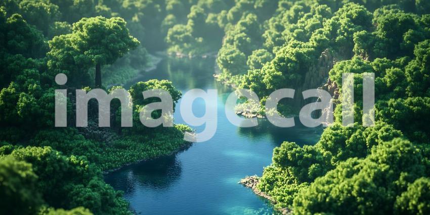 Lush Forest River Aerial View of Serene Nature Scene Tranquil Gr