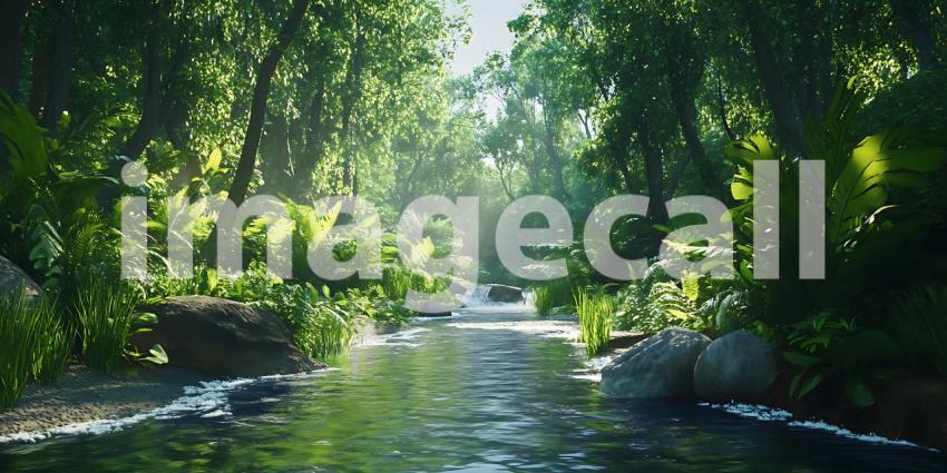 Lush Green Canopy Serene Creek Scene for Nature Lovers