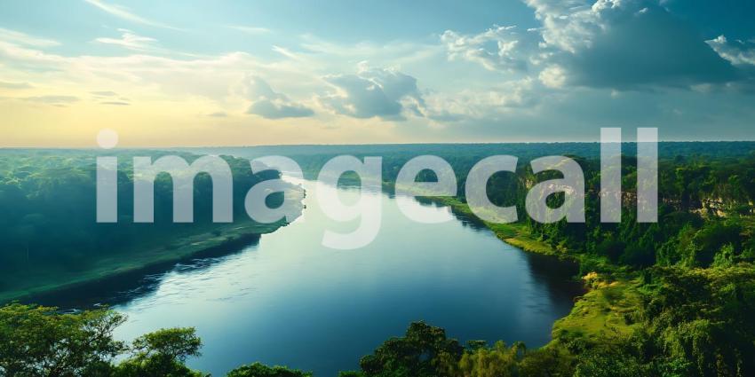 Serene River Landscape Aerial View of Lush Green Forest and Wind