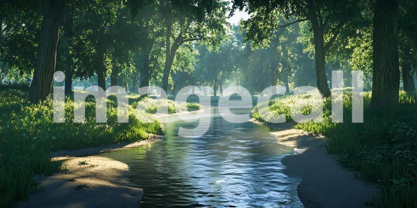 Sunlit Stream in Lush Forest Tranquil Nature Scene