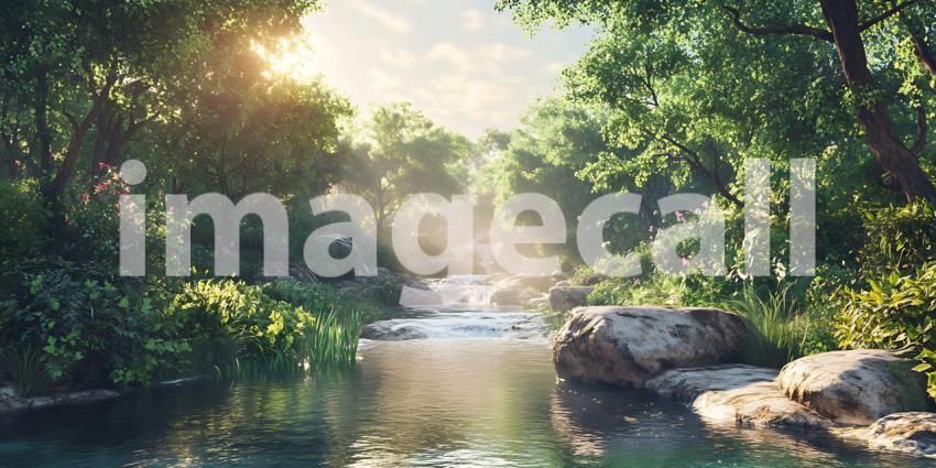 Serene River Scene Lush Forest Sunlight Tranquil Nature Photogra