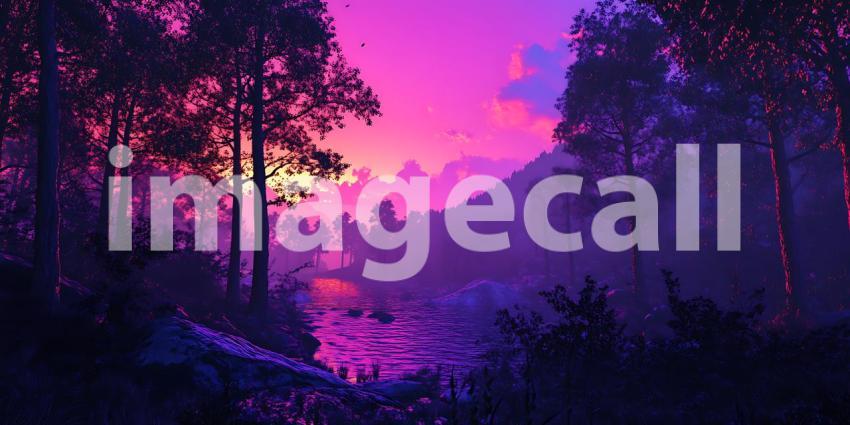 Purple Sunset Forest Fantasy Landscape Background