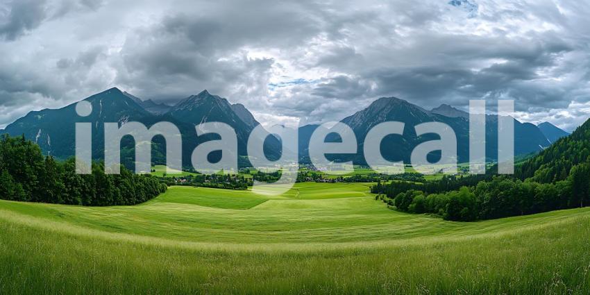 Majestic Mountain Valley Panorama Lush Green Fields under Dramat