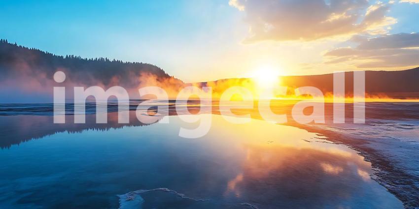 Stunning Sunrise Landscape Serene Lake and Misty Mountains