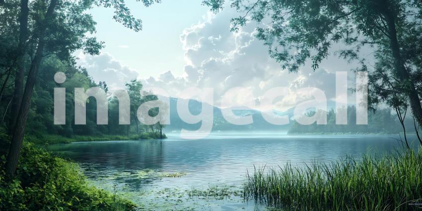 Serene Lake Landscape Lush Greenery and Misty Mountains