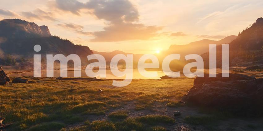 Sunset Landscape Golden Hour Over Mountains and Lake