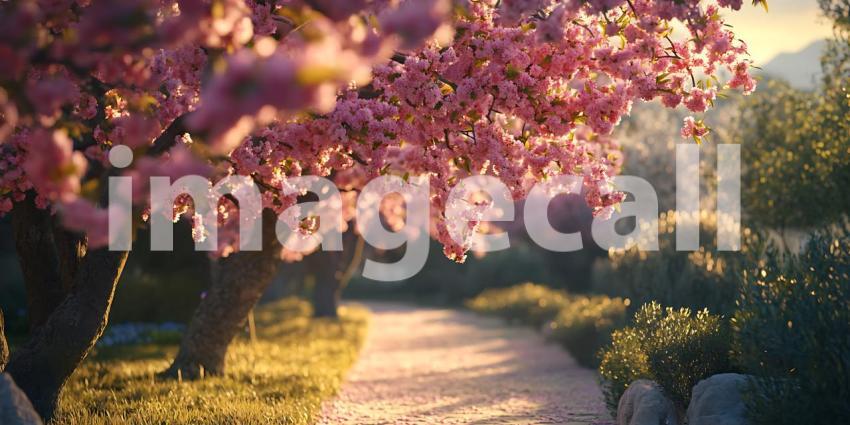 Serene Garden Path Stunning Pink Blossoms  Tranquil Landscape
