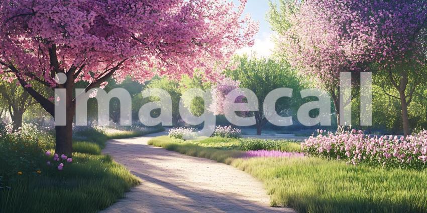 Serene Spring Path Stunning Cherry Blossom Garden Landscape