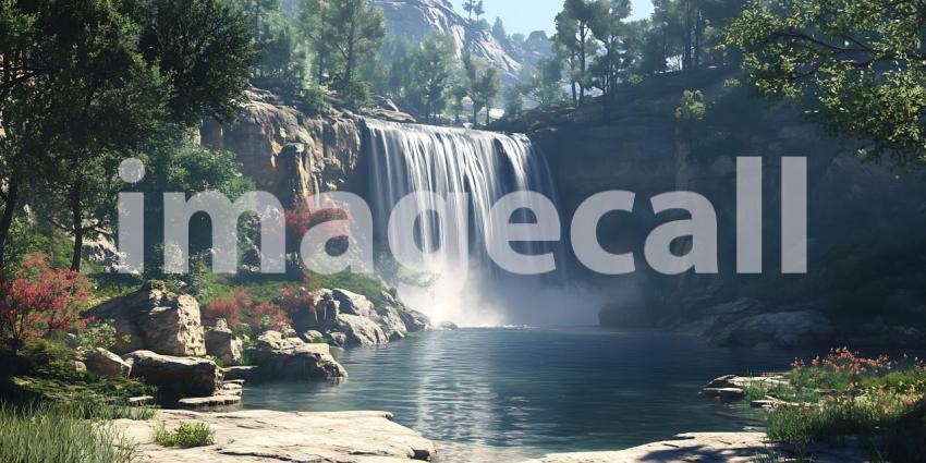 Serene Waterfall in Lush Forest Nature Photography