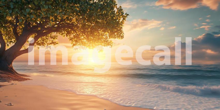 Sunset Beach Scene Tropical Tree Ocean Waves Golden Hour Photogr